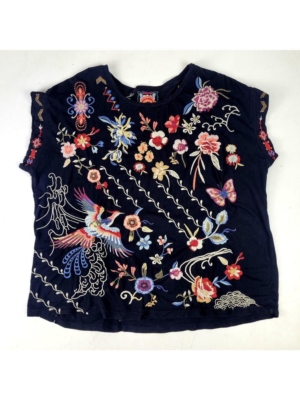 Johnny Was Dreamer Relaxed Tee Black Cotton Fabric Floral Embroidery Sz L